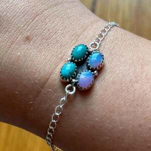 Artisan Handmade Sterling Silver Turquoise and Opal Cluster Bracelet
